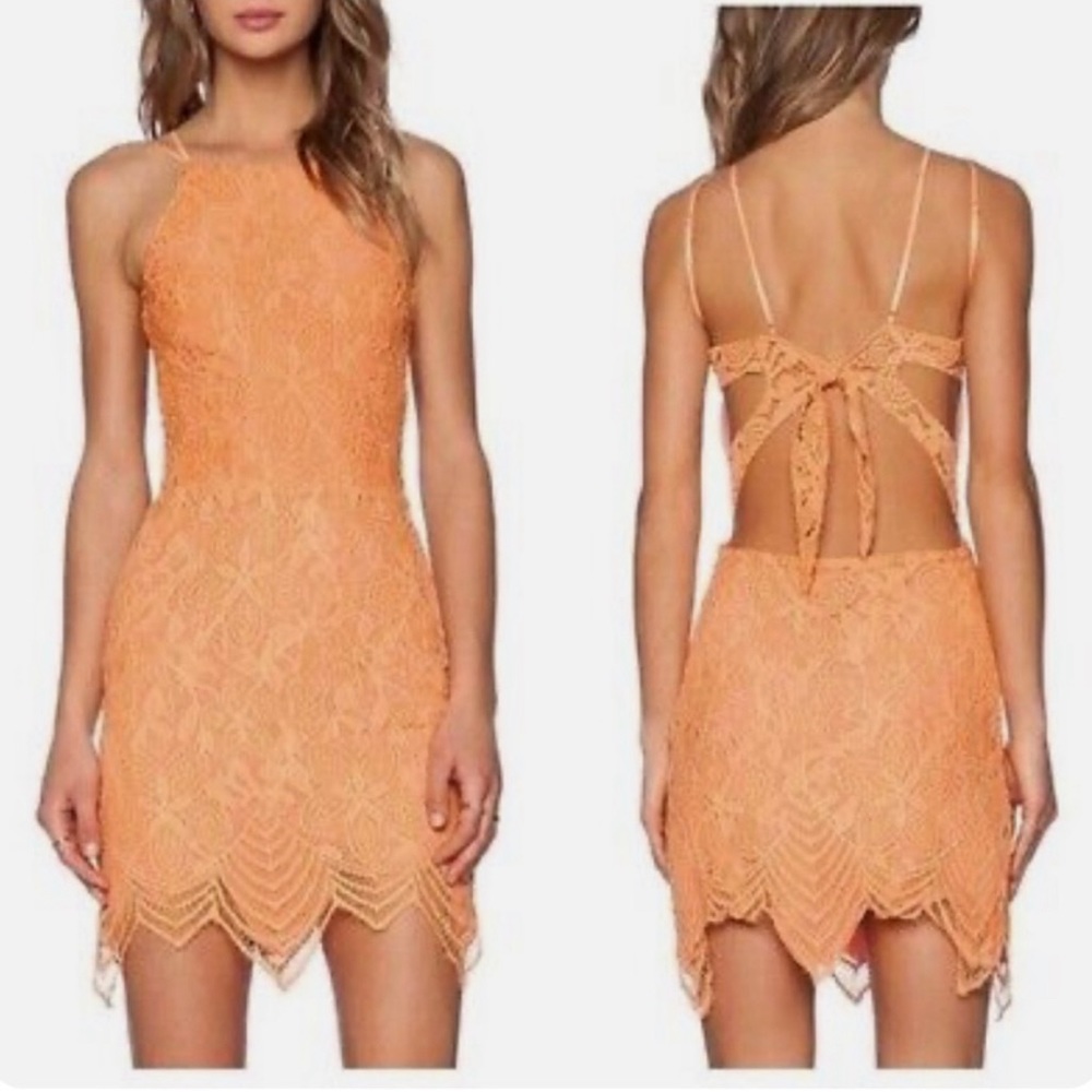 For love and lemons guava lace tie back cut out orange mini dress